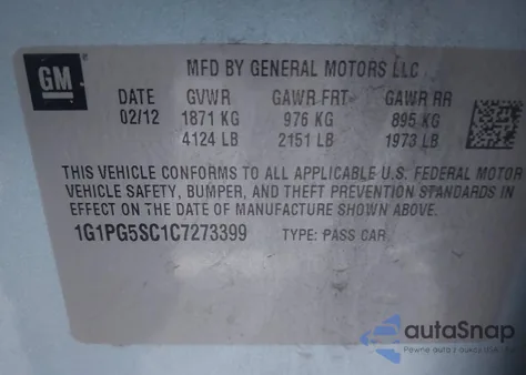 2012 Chevrolet Cruze 2Lt from USA, damaged, VIN 1G1PG5SC1C7273399